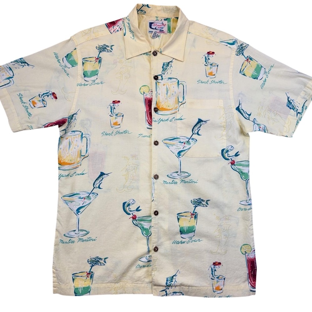 Bluewater Wear Shirt Mens Medium Yellow Cocktail Hawaiian Aloha Camp Button Up